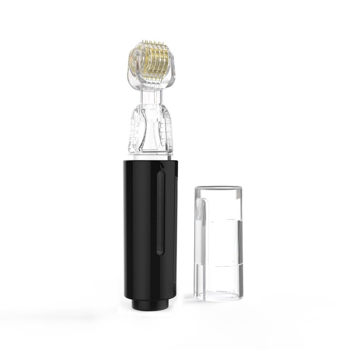 MicroLuxe Derma-Roller in Schwarz mit goldenem Mikronadel-Rollkopf und transparenter Schutzkappe